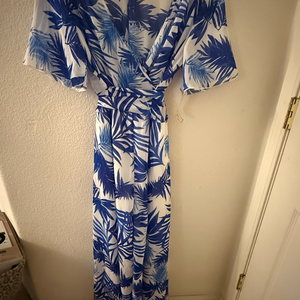 Blue and White Leaf Print Maxi Dress